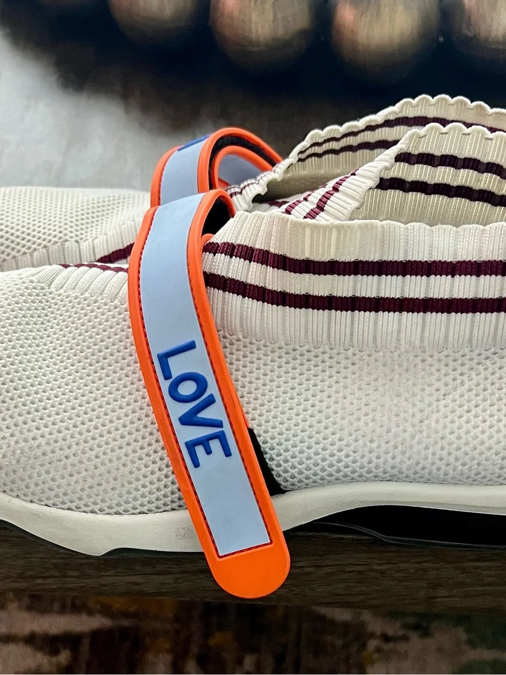 Fendi Cream Knit Slip-On Sneakers with Burgundy Stripe & Blue-Trim Orange Strap